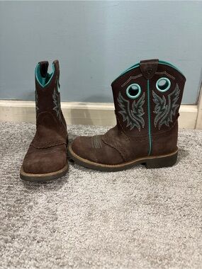 Ariat Brown Suede Kids' Cowboy Boots with Teal Accents